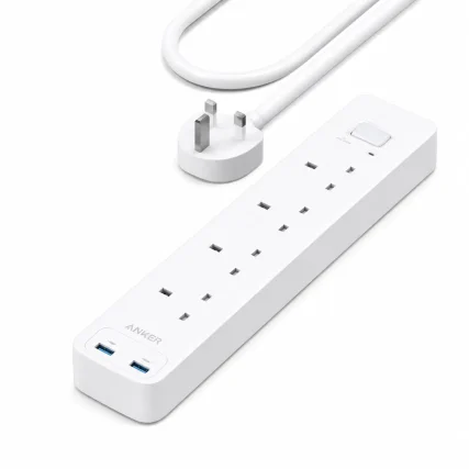 توصيلة أنكر 4 منافذ طاقة مع منفذين USB-A، أبيض